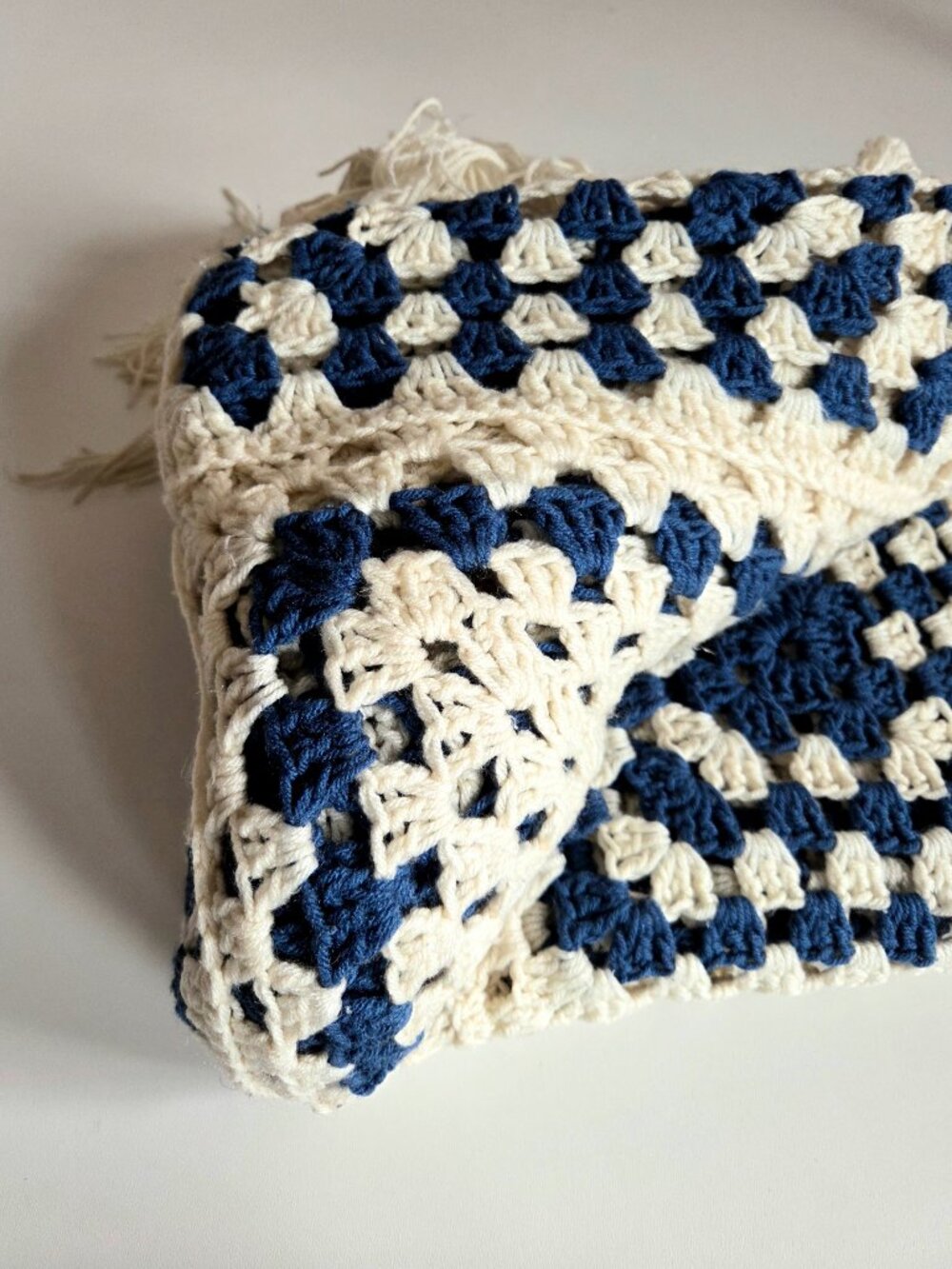 Large Handmade Granny Square Throw Afghan Blanket Blue Beige Boho Cozy Fringes - Picture 5 of 7